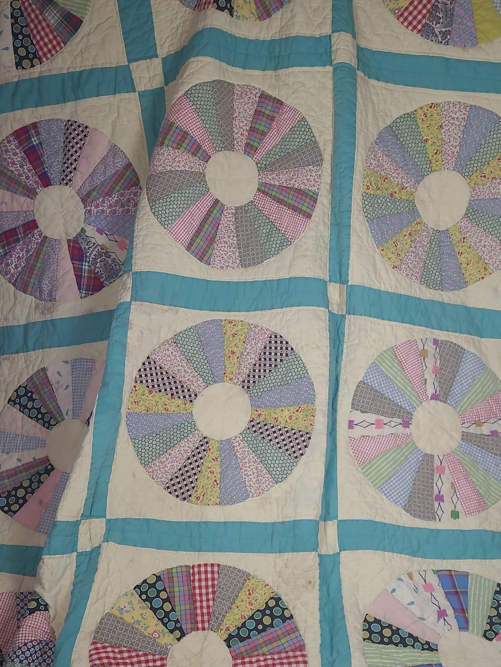 Vintage Quilted Cutter Quilt Handmade Teal and Pastel Multicolor